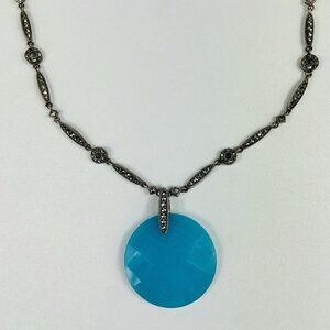 Vtg Judith Jack 34mm Blue Chalcedony Pendant Sterling Silver Marcasite Necklace